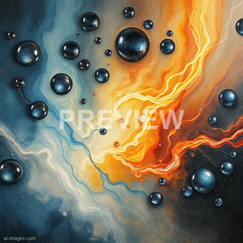 The image depicts an abstract cosmic scene with swirling clouds of blue and orange hues, resembling a nebula or galaxy. Numerous spherical objects, some shiny and metallic-looking, are scattered throughout, giving the impression of planets or celestial bodies. Bright streaks of light and lightning-like veins add dynamic energy to the composition, creating a sense of movement and cosmic drama.